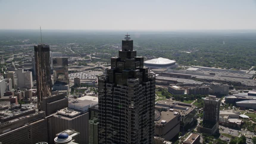 Aerial view of SunTrust Plaza in downtown Atlanta during daytime with clear blue skies