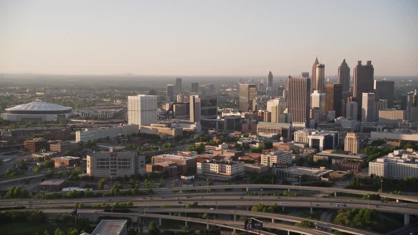 Aerial footage of Downtown Atlantas skyline and streets captured during the day