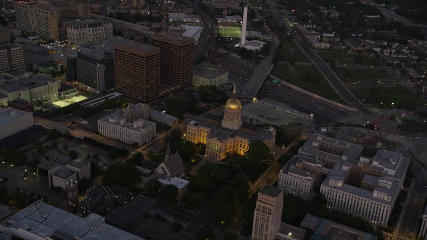 Aerial view of Georgia State Capitol in Downtown Atlanta during sunset
