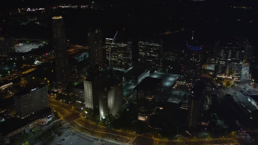 Aerial footage of Buckhead Georgias skyscrapers at night