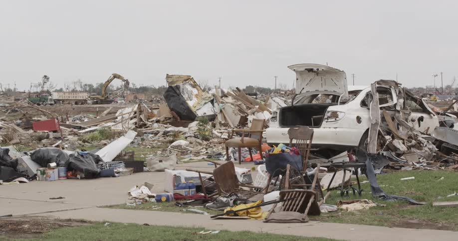 Vehicles and houses are destroyed ahead