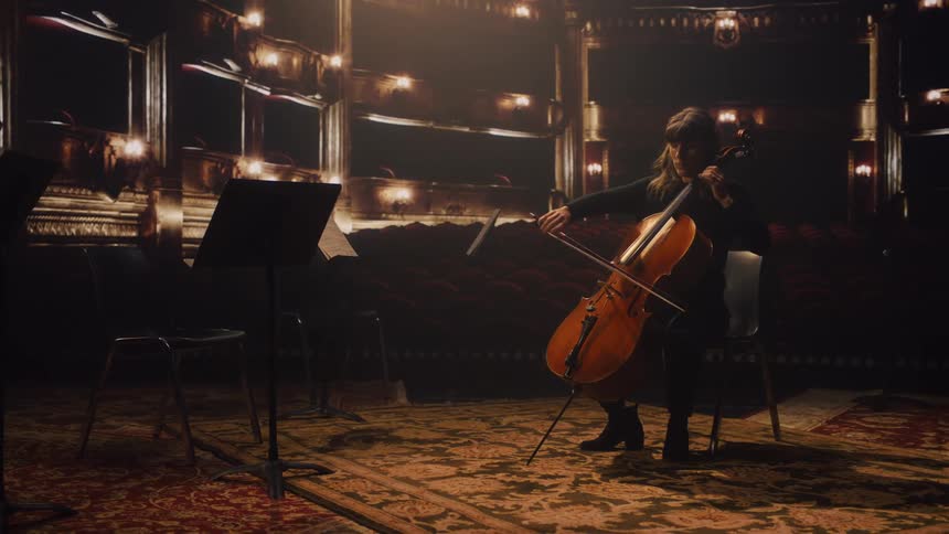 Female cellist sits in empty theater playing a cello