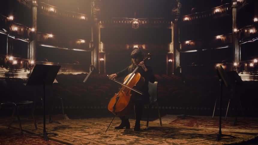 A woman is playing a string instrument in an empty room