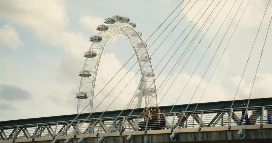 View of the London Eye from behind Hungerford Bridge and Golden Jubilee Bridges on River Thames