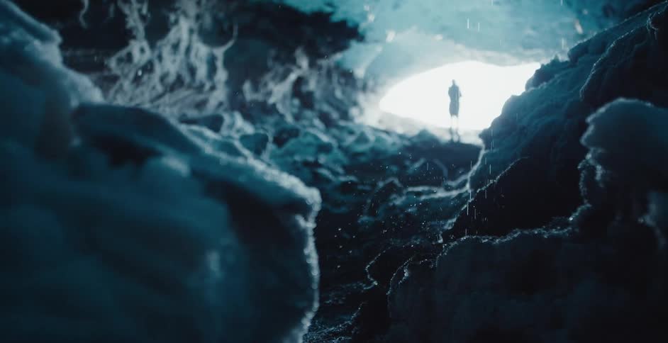 Water drops from ceiling of thawing ice cave as person stands silhouetted against mouth of cave