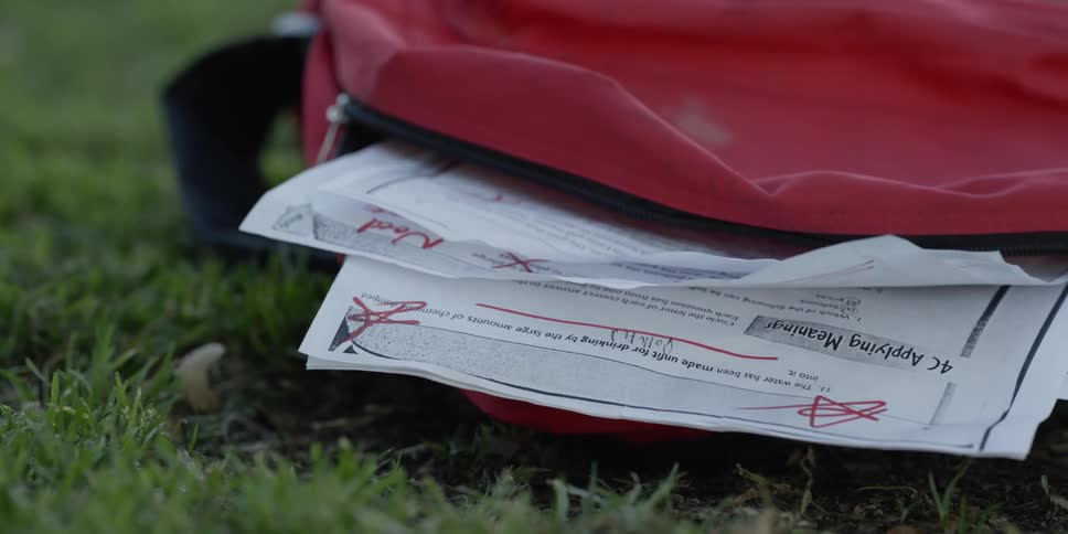 Red bag with sheets of paper on green lawn