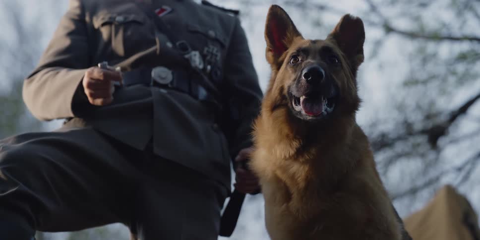 A man in a military uniform is standing outside smoking as his dog stands next to him