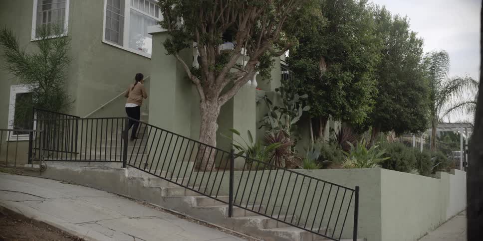 A mother and her young son running up the stairs to a house