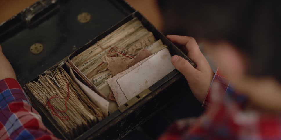 Back of a boy sitting on a room opens an old box filled with antique letters