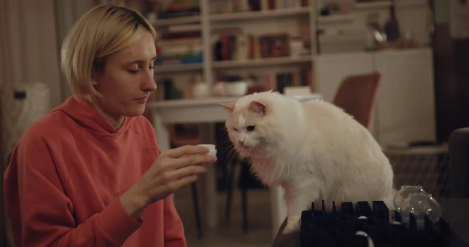 A woman interacting with her fluffy white cat at home