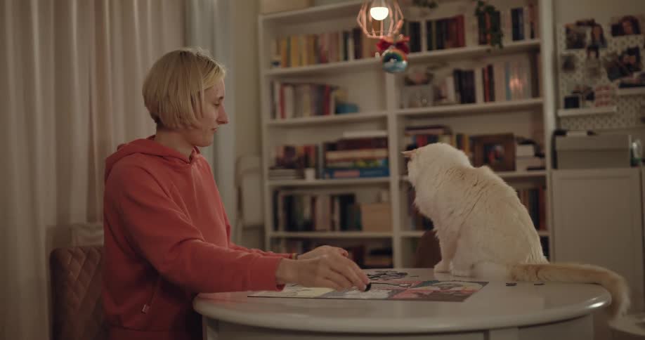 A woman is sitting in a chair as her big fluffy white cat sits on the table and she rolls a ball to the cat who knocks it off the table