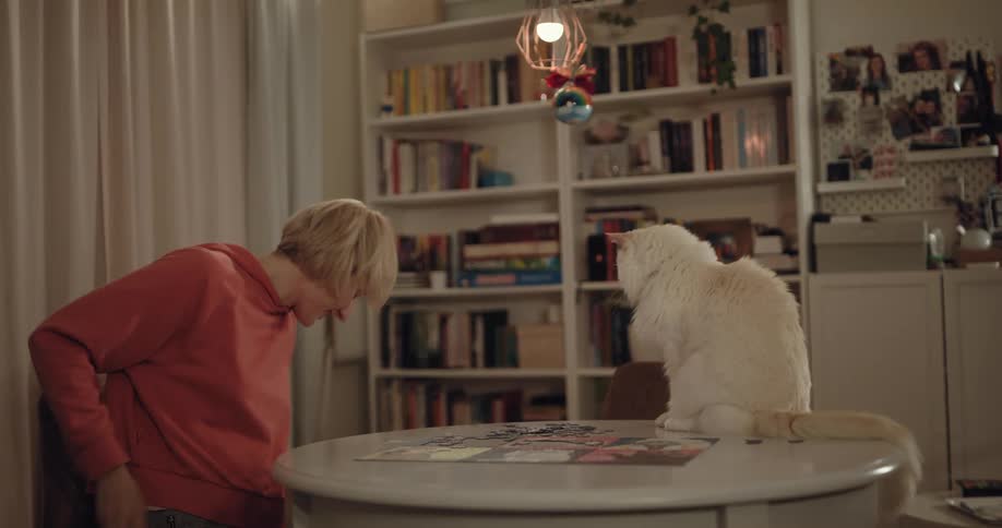 A woman using a ball to play with her white pet cat