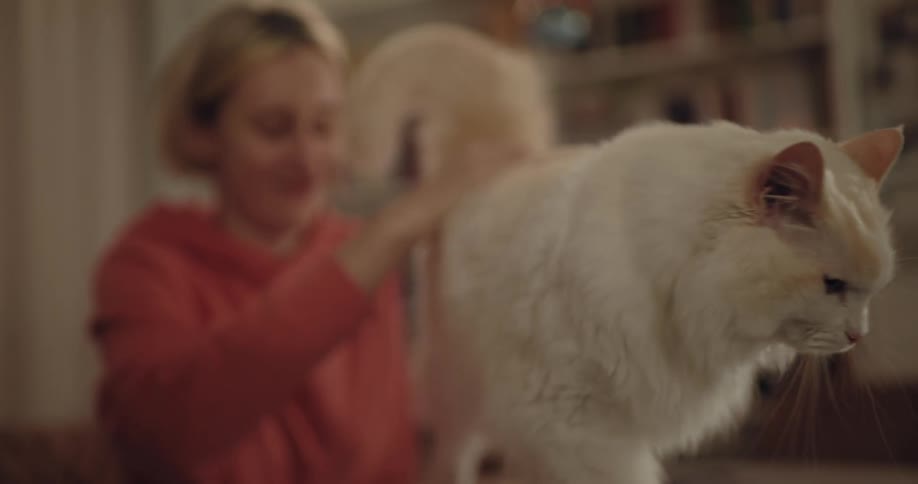 Blonde woman in orange hoodie pets white cat in room