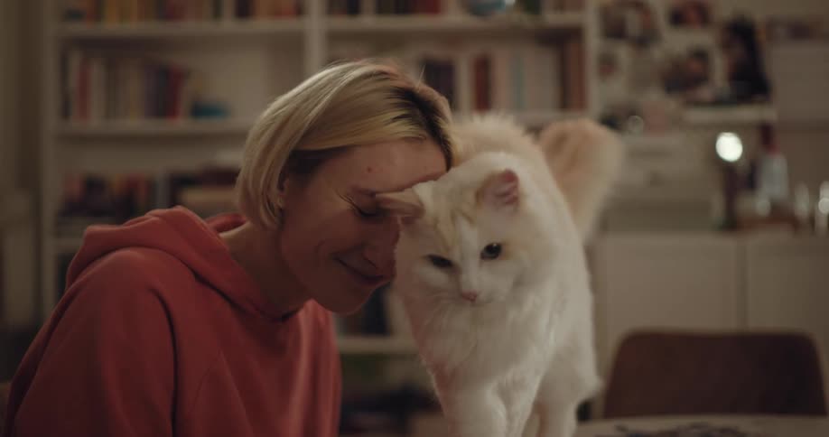 Blonde woman with bob hair and orange hoodie pets white cat walking on table in room