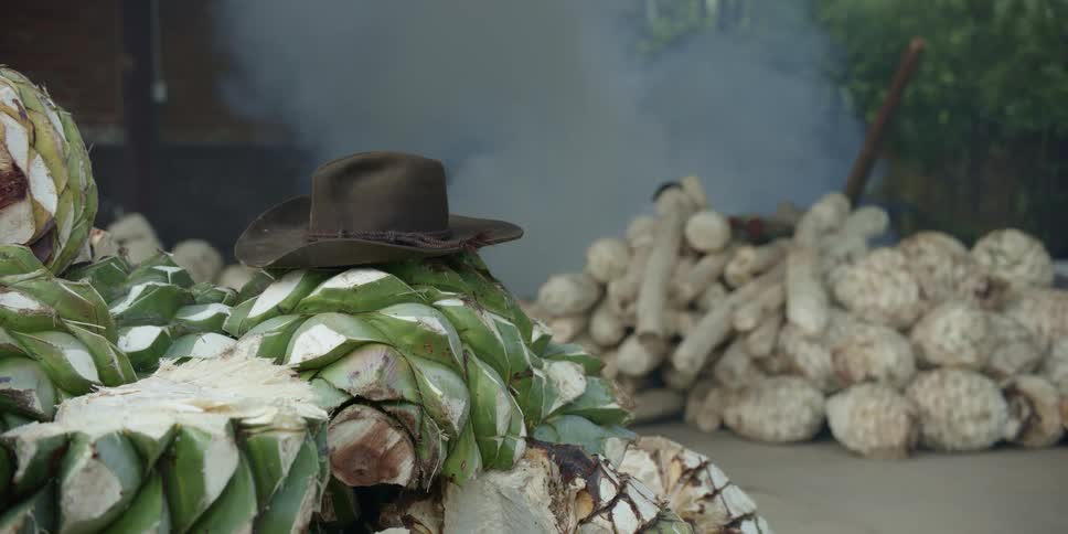 Hat resting over pieces of agave plants in front of a man processing a large batch