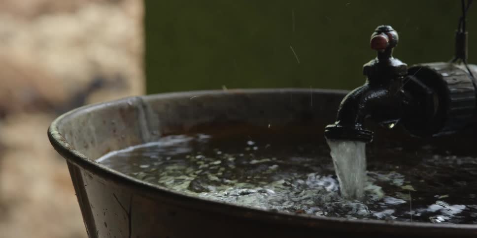 Woman reaches up above faucet running into metal basin
