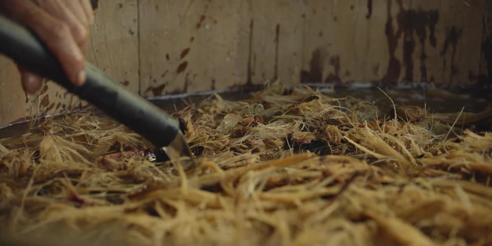 A person filling a vat of fibrous debris with water