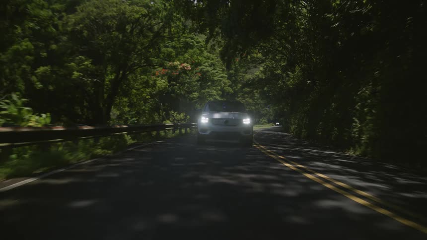 White 4x4 car drives on highway through green forest