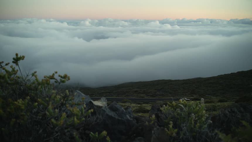 White car driving on a road in the mountains near a sea of white clouds in the evening