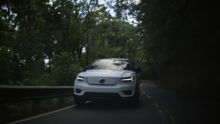 Car is driving down the road in the forest area