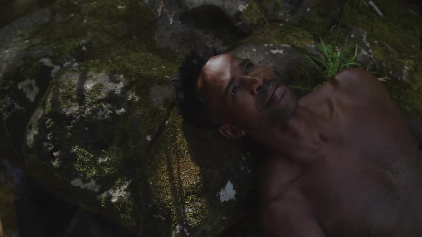 A man laying on the ground in a forest