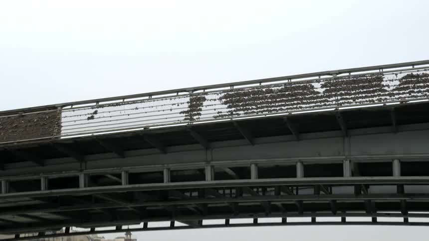 Sailing under a bridge on a cloudy day