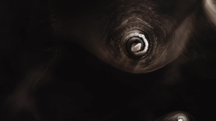 A spinning object moves across the surface like a cyclone leaving a trail as it moves with a smokey object moving faster and passing it