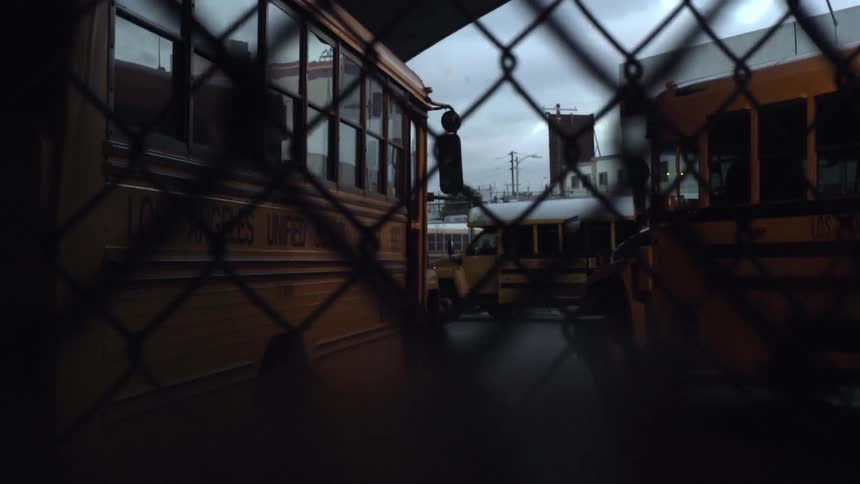 Los angeles school buses parked at a bus barn