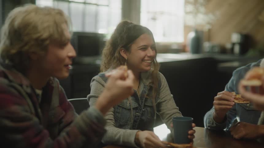 A group of people laugh while eating pizza together in restaurant during the day