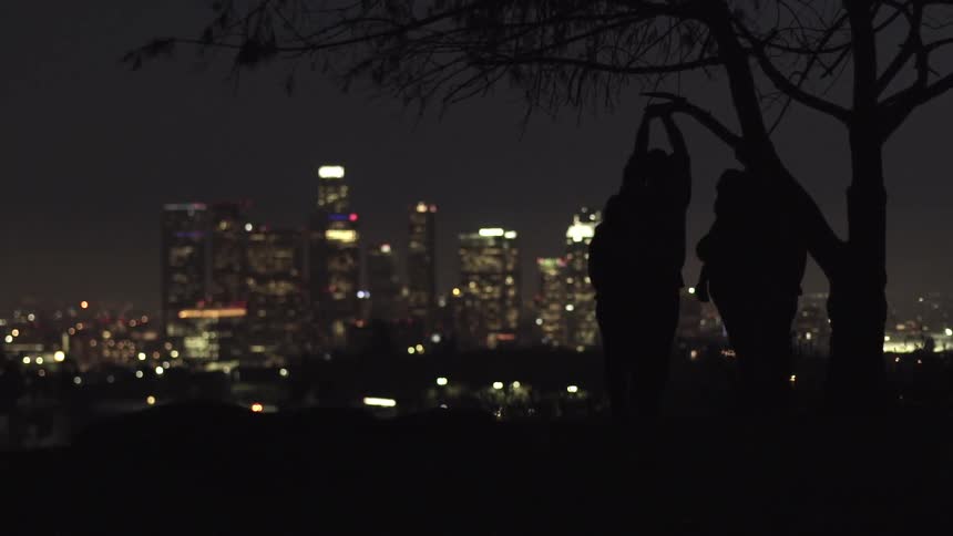 People are standing near a trill on a hill before a lit city at night
