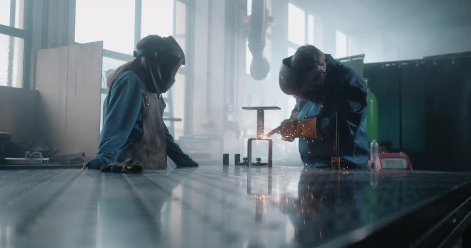 Sparks fly as a worker welds a piece of metal using a torch in the warehouse