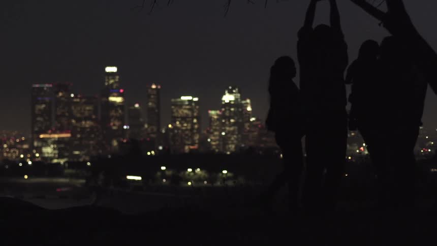 People stand by a tree on a hill overlooking a city at night