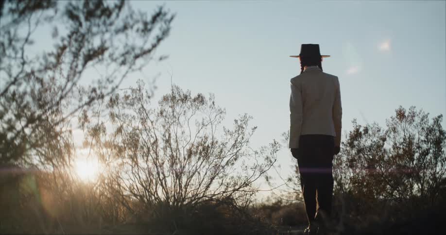 A woman walks through the folliage towards the settingrising sun