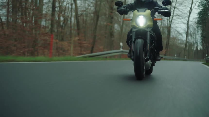 Motorcyclist rides through forest on highway bordered by guardrails