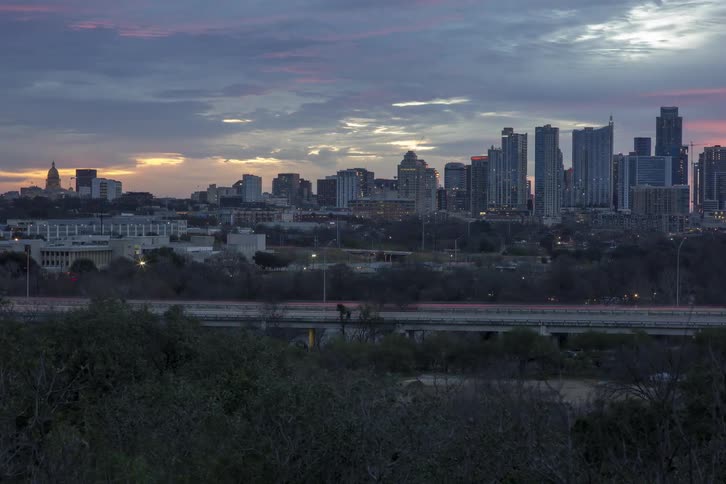 A busy city as the sun rises