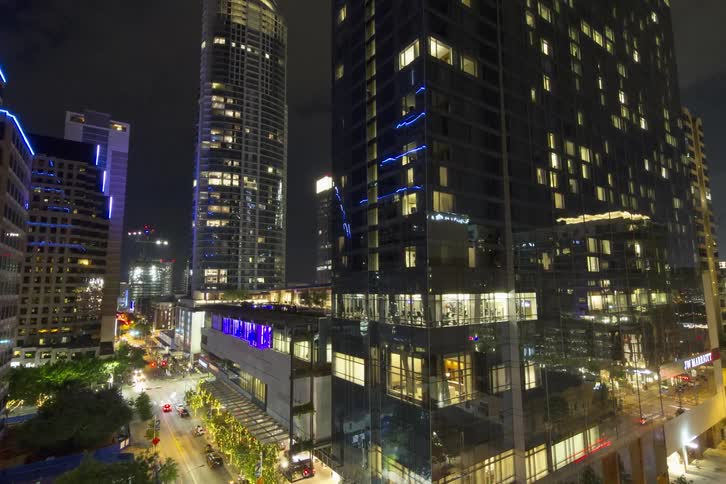 A busy city at night