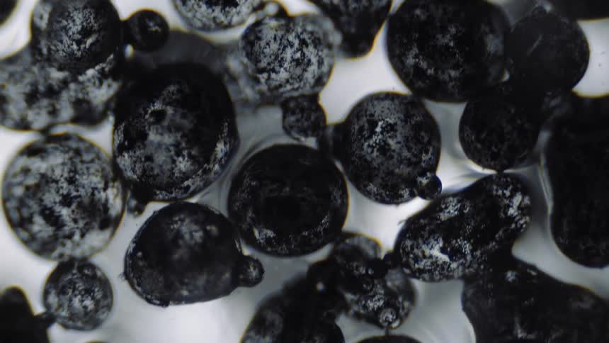 Translucent gray textured spheres are stuck together as they float over a white surface