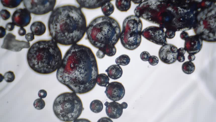 Red smears in black spores are visible under a microscope