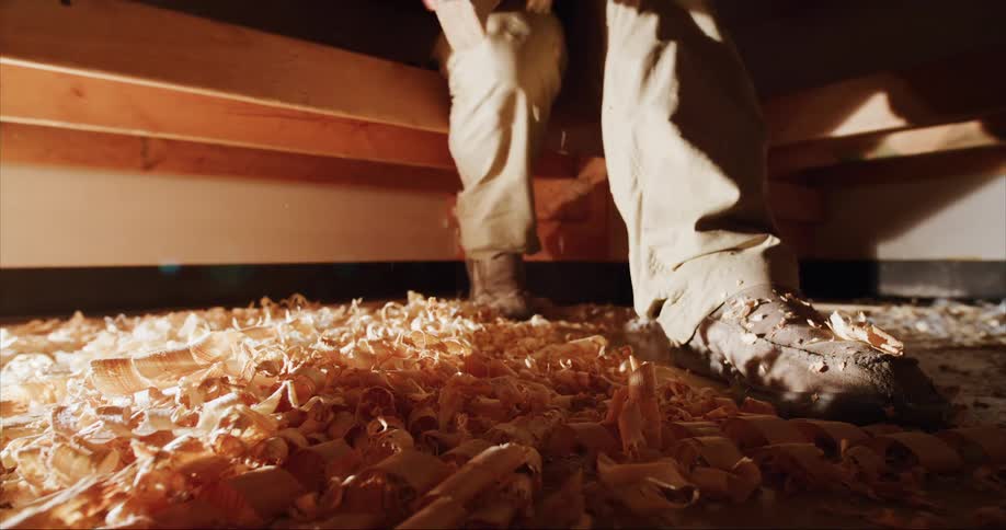 A man whittling wood while building traditional Inuit style sea kayaks