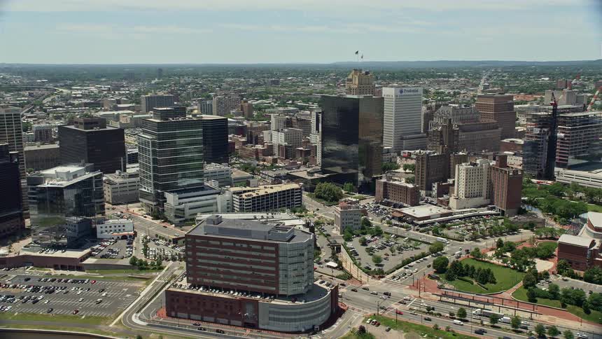 Aerial footage of Downtown Newarks high-rises and New Jersey Performing Arts Center on a sunny day