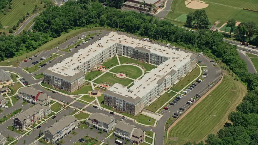 Aerial footage of a modern apartment complex in Somerset New Jersey on a sunny day