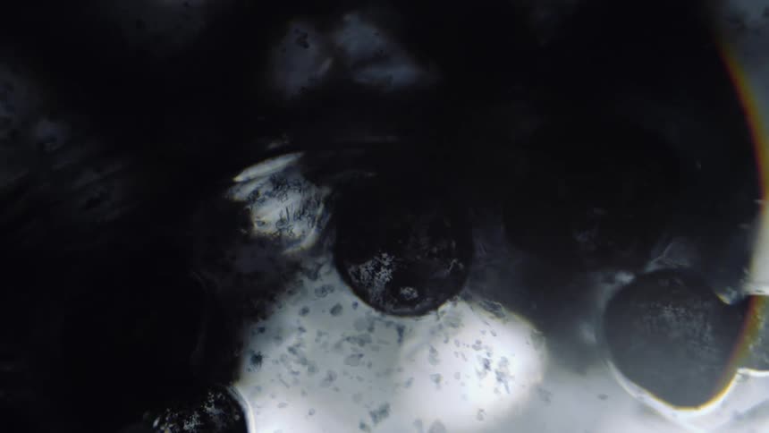 Rocks float around in clear water with small bubbles forming