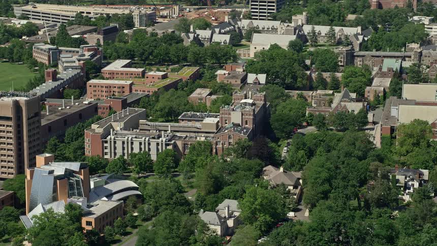 A scenic aerial view of Princeton University campus buildings on a sunny day in New Jersey