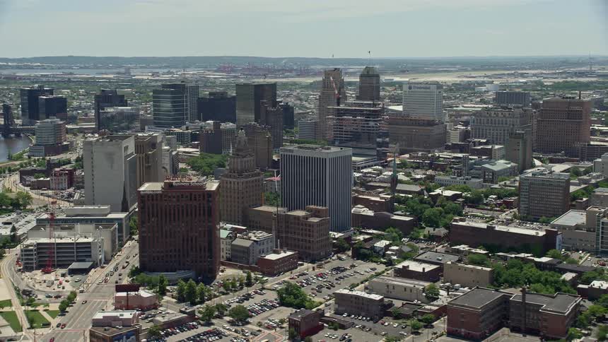 A beautiful aerial footage of the towering high-rises in downtown Newark New Jersey during a sunny day