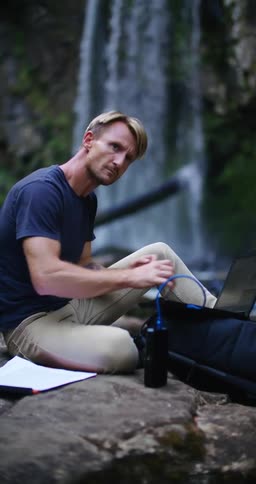 Blonde man in dark blue t shirt and brown pants types on laptop near waterfall