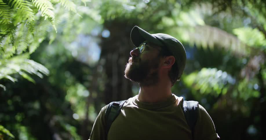 A man is hiking through a wooded area in spring