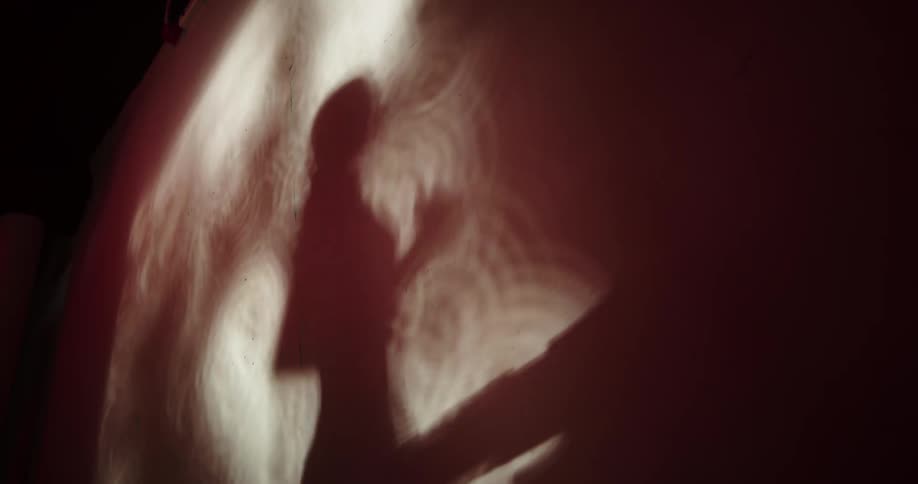 A womans shadow is cast on the wall while running on a treadmill