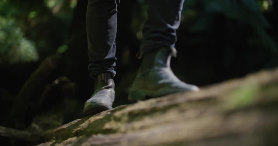 A hiker in boots walking across a fallen tree in a forest