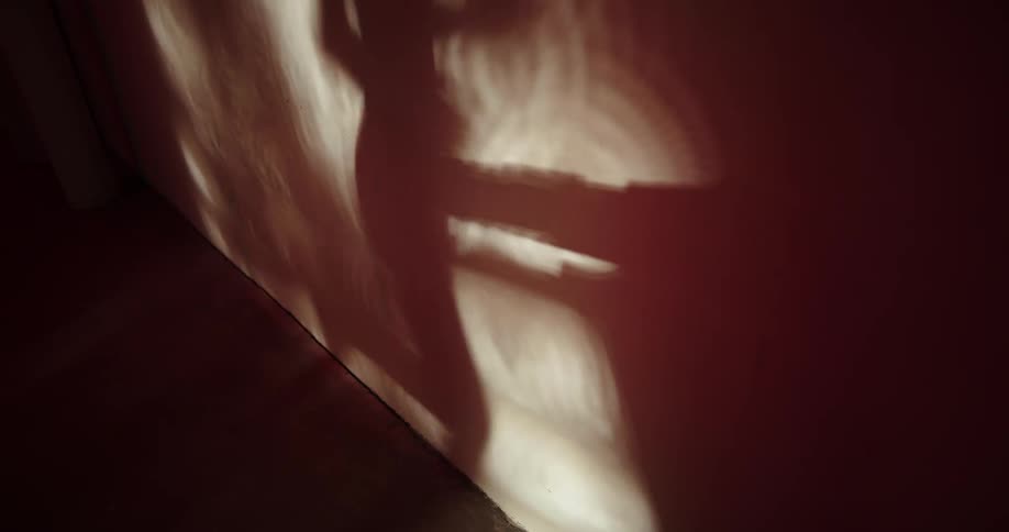 A womans shadow is cast against the wall while running on a treadmill