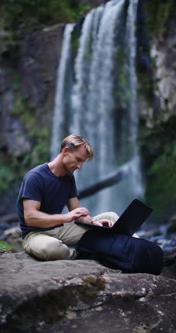 A man opens his laptop and types on it as he sits near a waterfall
